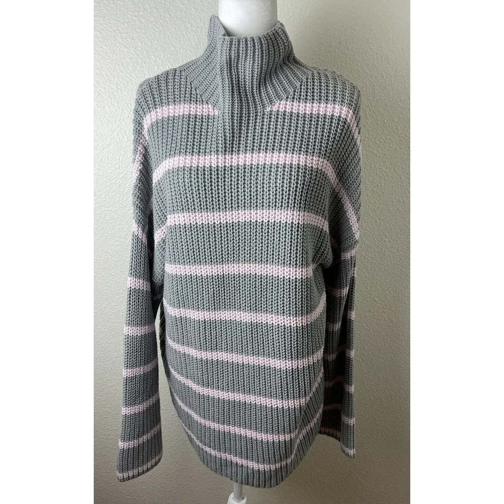Caslon Women's Shaker Mock Neck Knit Yarn Sweater Pink Stripe‎ Large L
